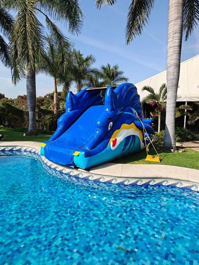 Tobogán inflable de tiburón junto a alberca
